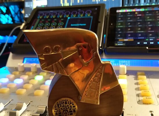 Best sound Award figurine on the mixing desk in the studio